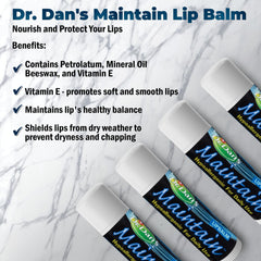 Dr. Dan's Maintain Lip Balm pack 3 back highlights mild formula and clean packaging.