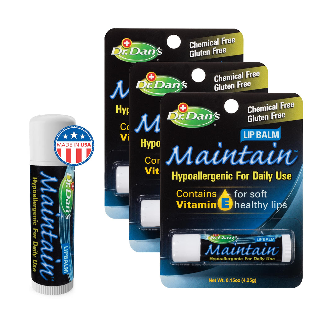 Dr. Dan's Maintain Lip Balm pack 3 front demonstrates simple, gentle lip care for dry lips.