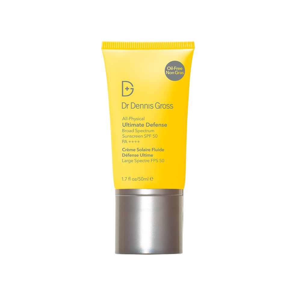 Dr Dennis Gross All-Physical Ultimate Defense Sunscreen bottle closeup shows mineral protection