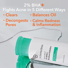 Dr Dennis Gross Alpha Beta bottle closeup highlights a powerful five-acid blend for acne support