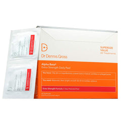 Dr Dennis Gross Alpha Beta Extra Strength Daily Peel packaging with pre-soaked towelettes for at-home exfoliation.