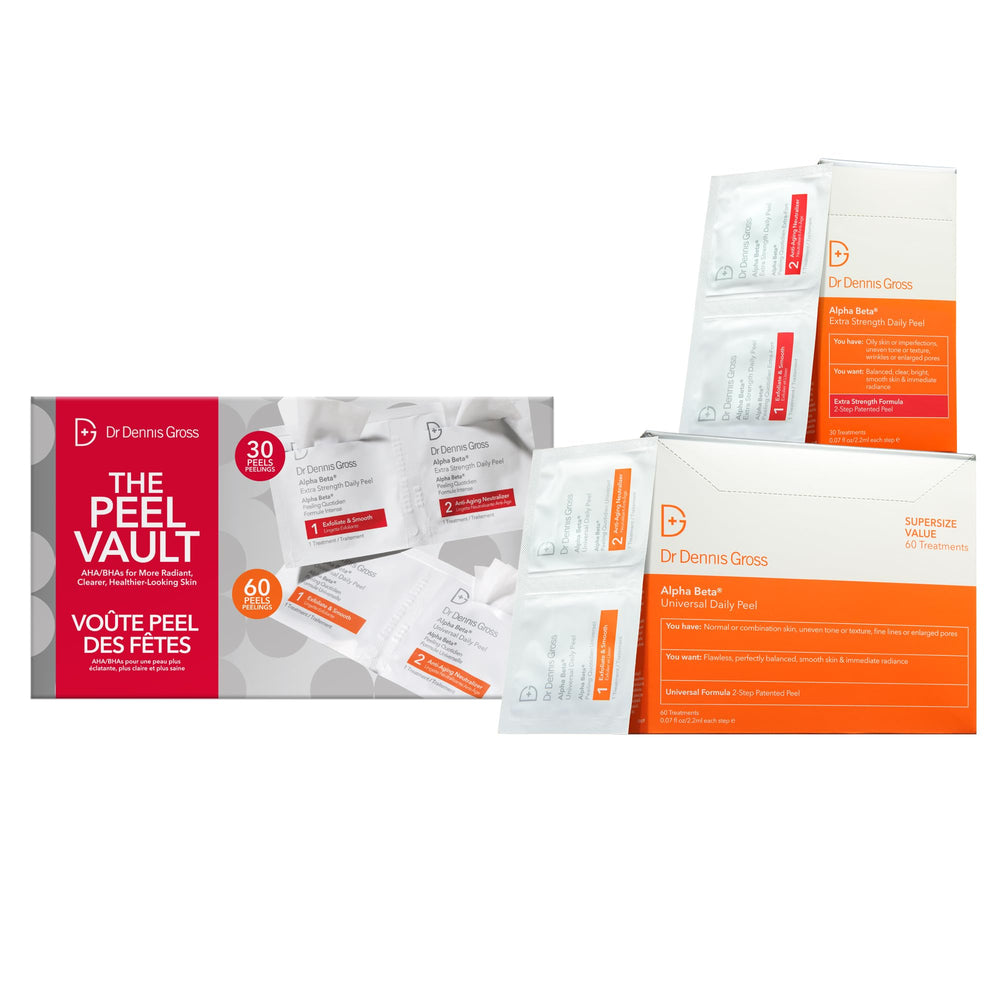 Dr Dennis Gross Peel Vault Kit packshot with 90 treatments for at-home resurfacing and brighter skin.