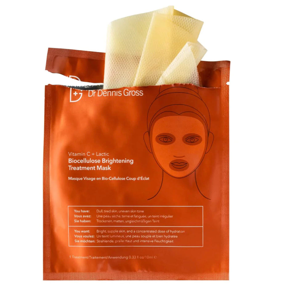 Dr Dennis Gross Vitamin C Lactic Biocellulose mask application demonstrates contour-hugging hydration