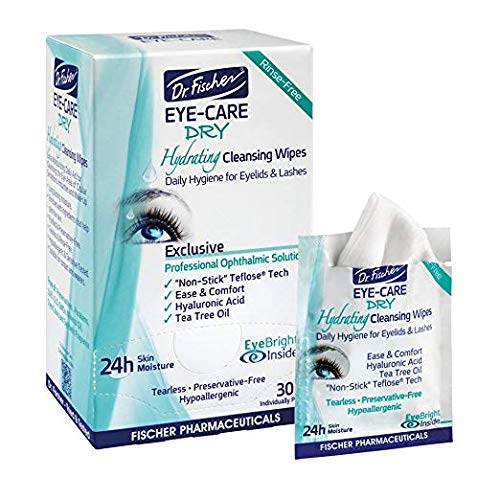 Dr. Fischer Tea Tree Eyelid Wipes packaging closeup highlights hypoallergenic design.