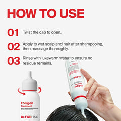 DR.FORHAIR Folligen scalp therapy scene illustrates elasticity boost and healthier roots.