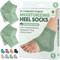 Dr. Frederick's Original heel socks with olive oil close-up showing hydration benefits for daily use