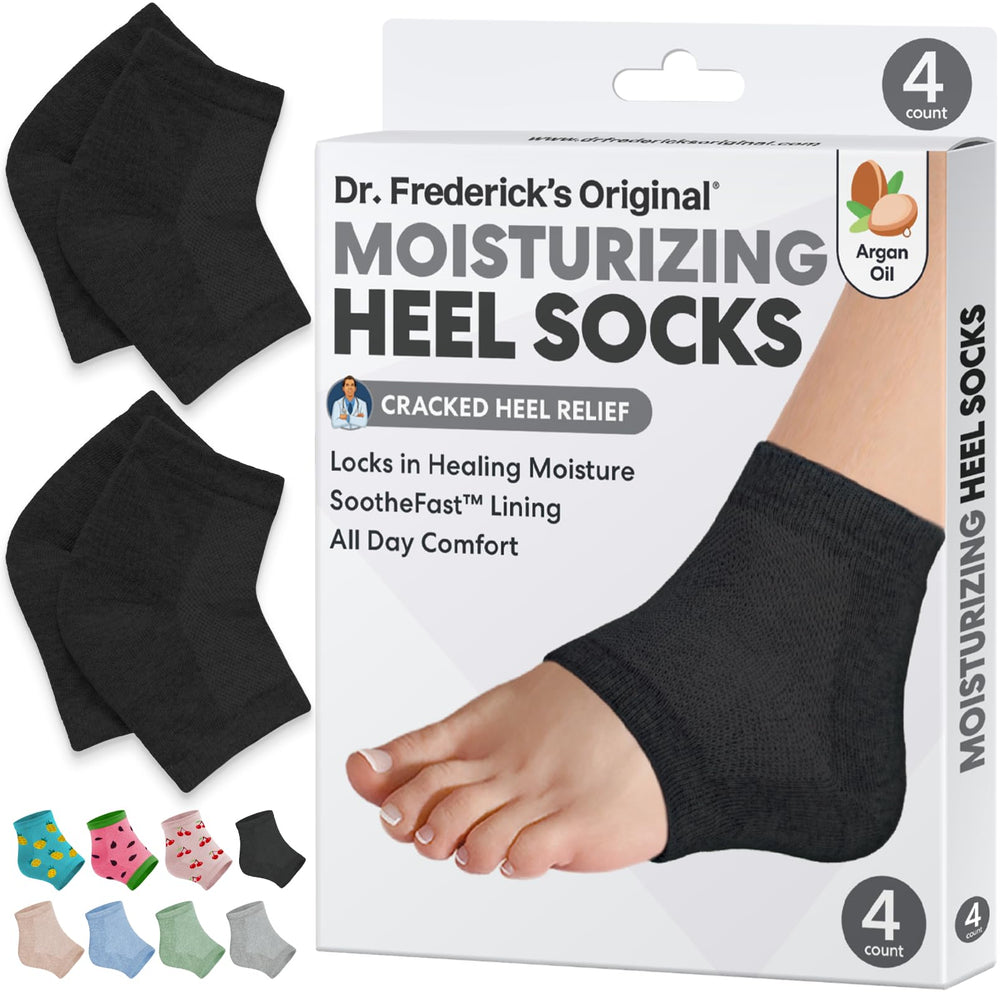 Dr. Frederick's Original heel socks packaging highlighting trusted care for dry heels