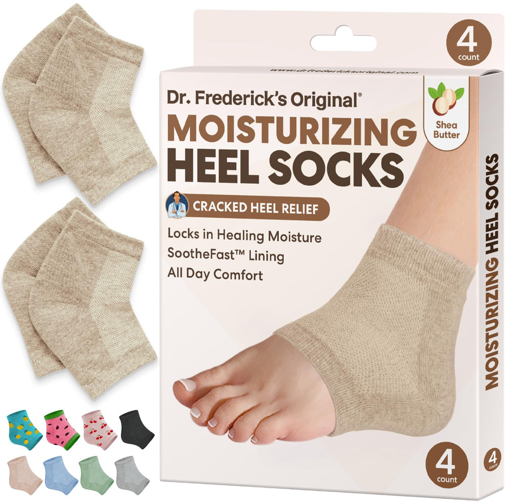 Dr. Frederick's Original heel socks in beige, two pairs, for soothing hydration.