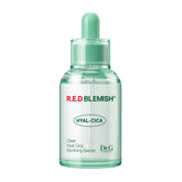 Dr. G R.E.D. serum bottle close-up highlighting cooling hydration for blemish-prone skin.