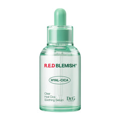 Dr. G R.E.D. serum bottle close-up highlighting cooling hydration for blemish-prone skin.