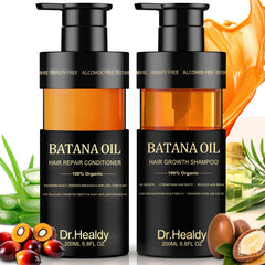 Dr. Healdy Batana Oil Shampoo bottle shows sulfate-free cleansing and scalp refreshment.