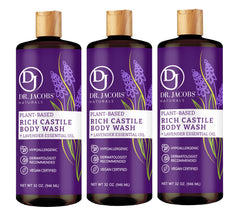DR.JACOBS NATURALS lavender castile soap bottle closeup for gentle daily cleansing.