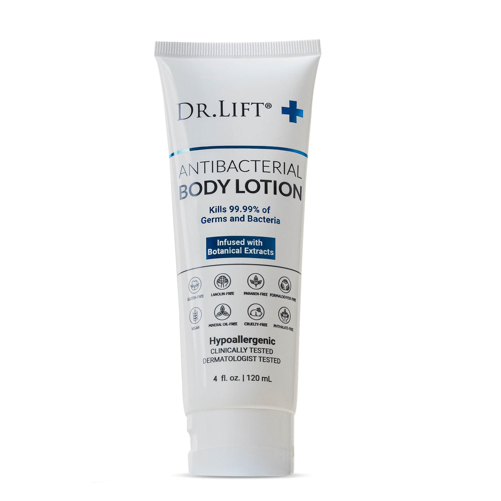 DR. LIFT antibacterial body lotion 4oz bottle demonstrates compact, on-the-go germ-fighting moisturization.