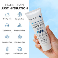 DR. LIFT antibacterial body lotion application close-up showing smooth gliding texture for hydration.