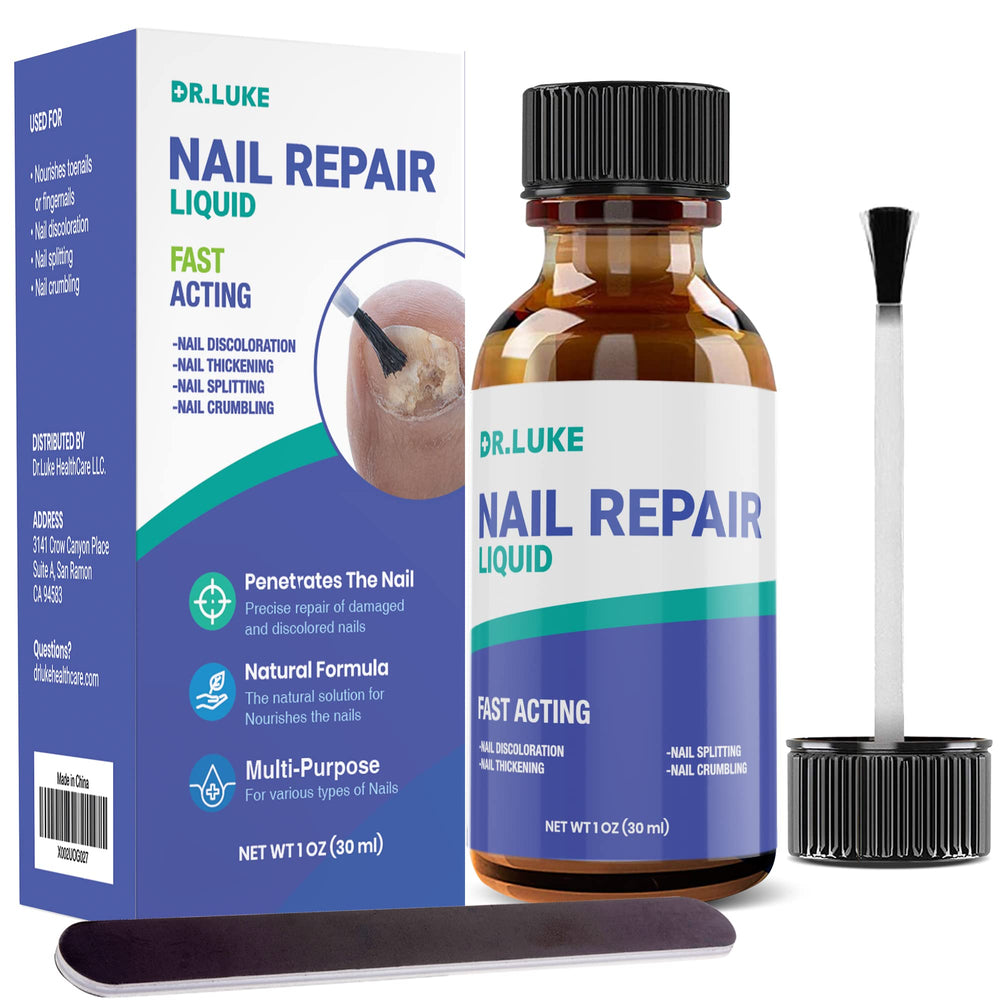 Dr. Luke Nail Repair Liquid bottle closeup shows quick-dry formula for everyday nail care.