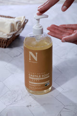 Dr. Natural Castile Almond body wash shot illustrates hydrating cleansing for body skin.