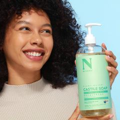 Dr. Natural Castile liquid soap face wash showing soft cleanse suitable for sensitive skin.