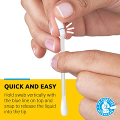 DR. PIERCING AFTERCARE blue-line top swabs showing easy, rinse-free application.