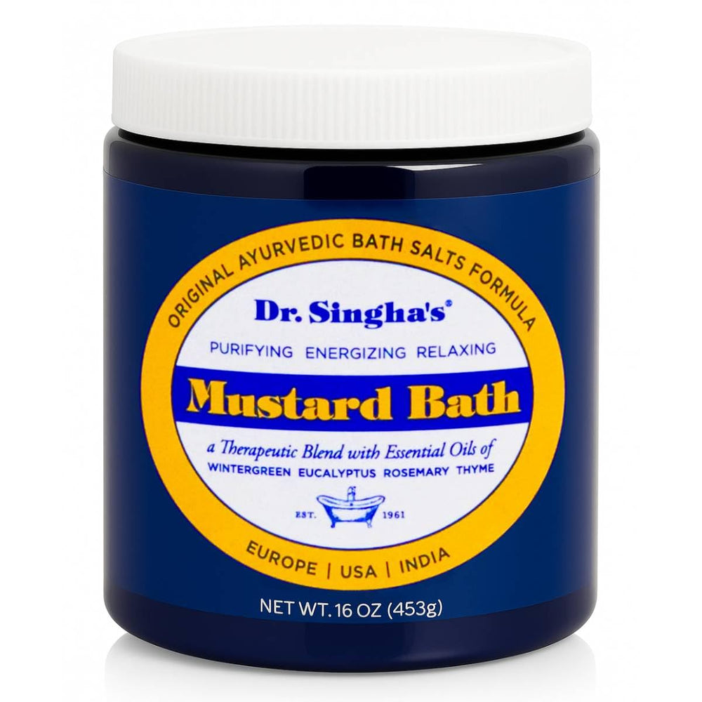 Dr. Singha's Mustard Bath packaging shows a premium soak for relaxation and cleansing rituals.
