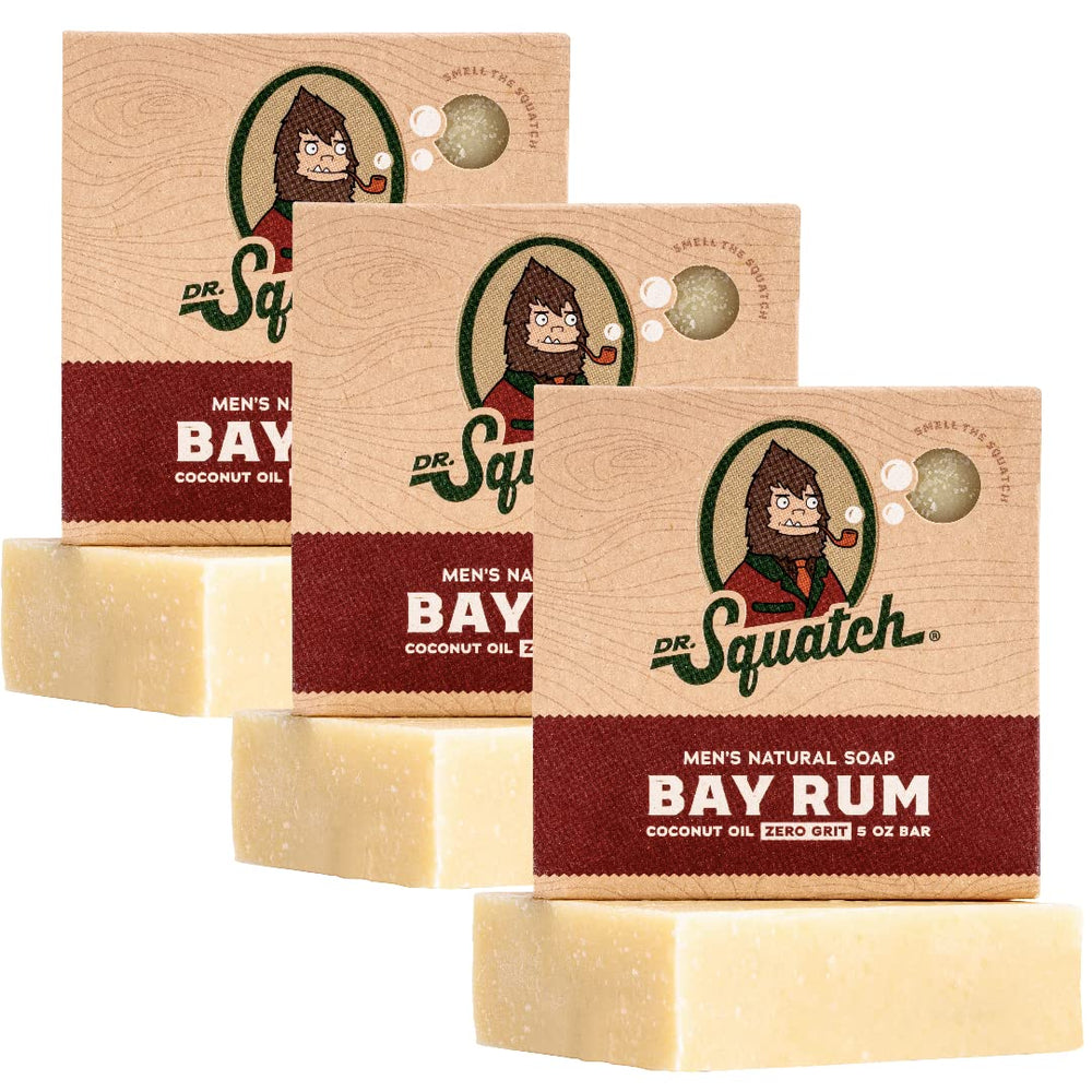 Dr. Squatch Bay Rum bar soap three-pack on display for a refreshing morning routine