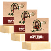 Dr. Squatch Bay Rum bar soap three-pack on display for a refreshing morning routine