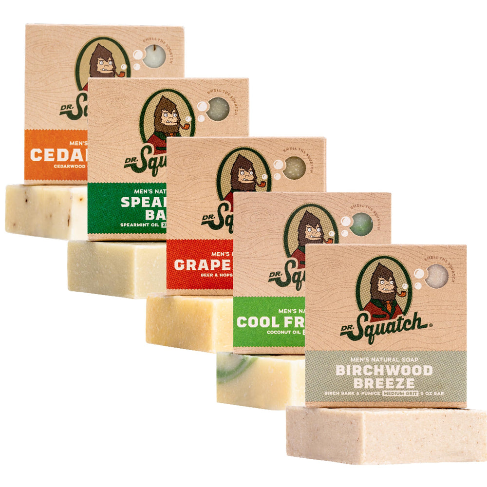 Dr. Squatch Birchwood Breeze bar for a rugged, refreshing morning routine.