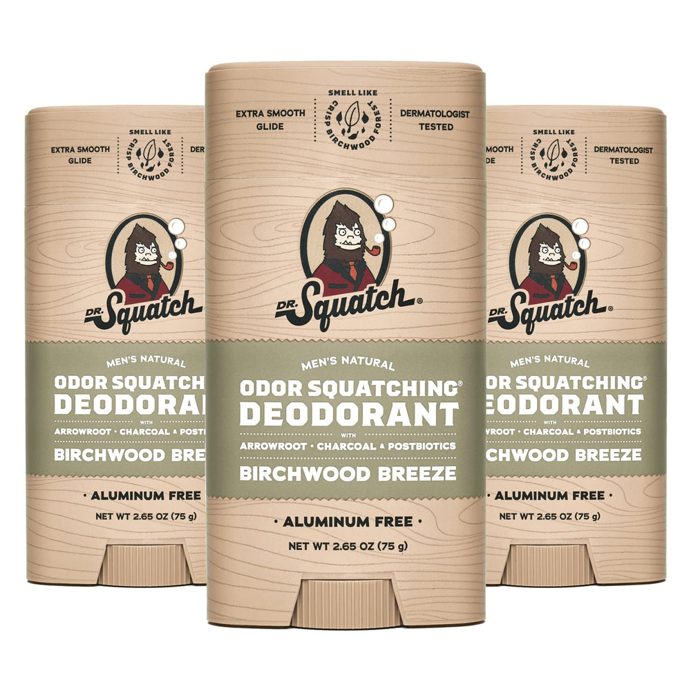Dr. Squatch Birchwood Breeze deodorant tube close-up for all-day freshness.