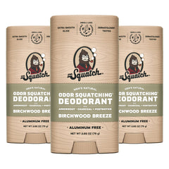 Dr. Squatch Birchwood Breeze deodorant tube close-up for all-day freshness.