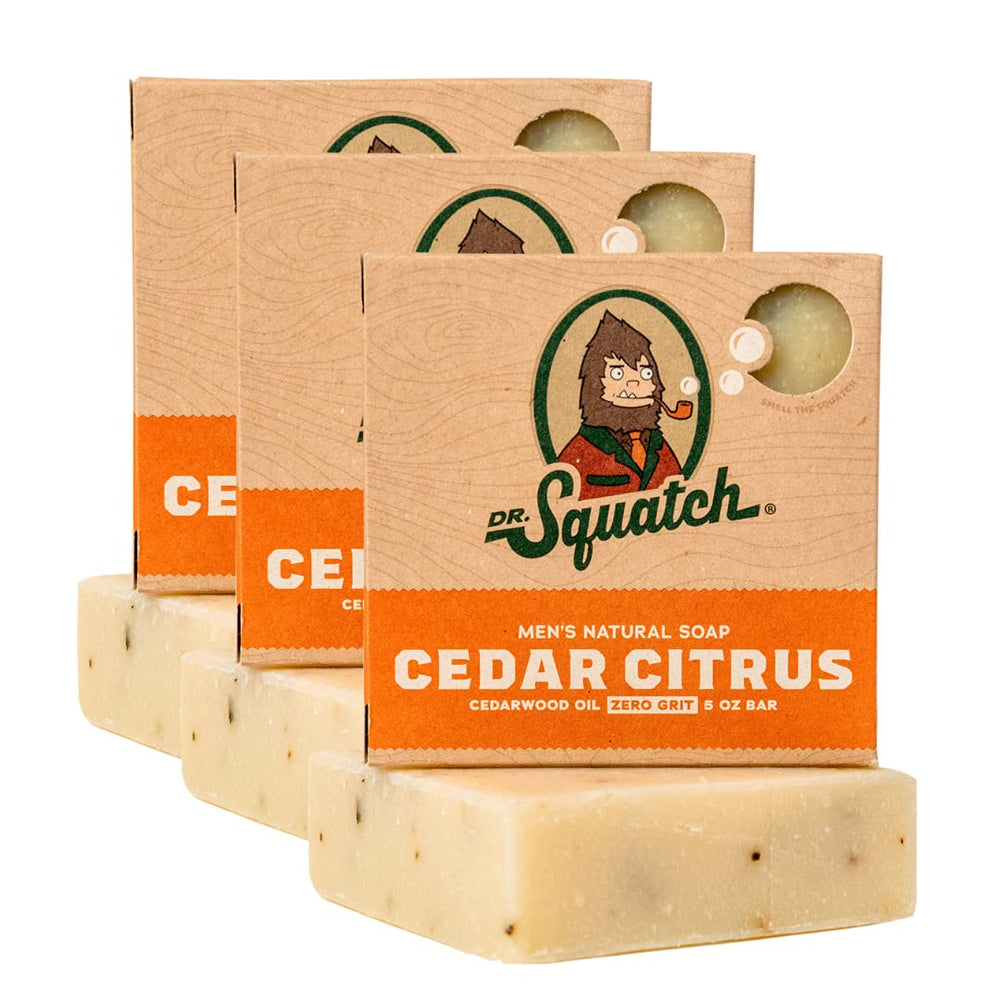 Dr. Squatch Cedar Citrus bar close-up showing natural texture for daily clean.