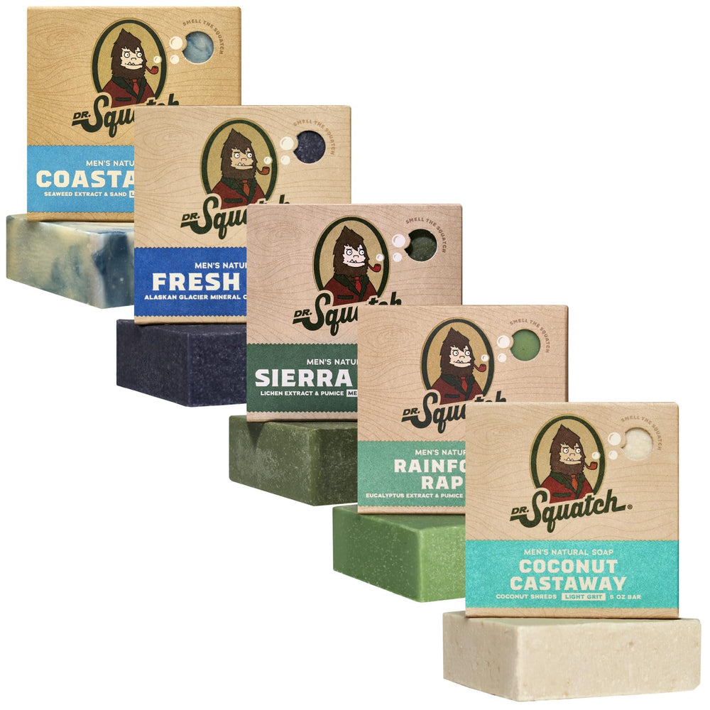 Dr. Squatch Coastal Mist bar soap for a refreshing morning shower with a masculine scent.