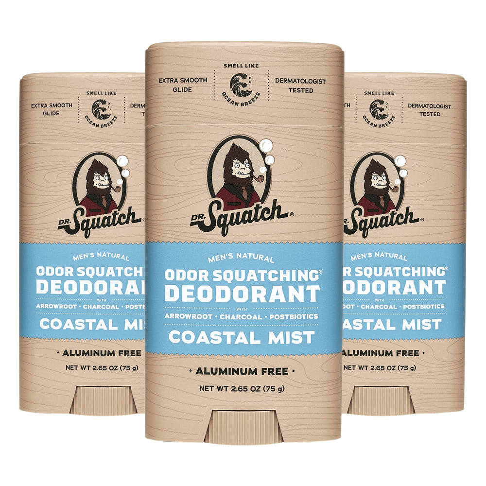 Dr. Squatch Coastal Mist deodorant packfront showcases all-day natural protection.