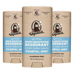 Dr. Squatch Coastal Mist deodorant packfront showcases all-day natural protection.