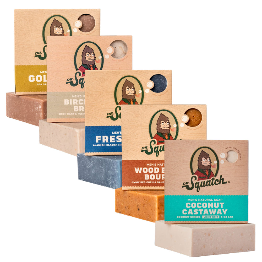 Dr. Squatch Coconut Castaway bar soap with tropical scent for a refreshing morning rinse.