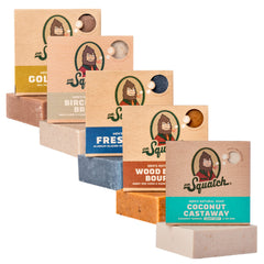 Dr. Squatch Coconut Castaway bar soap with tropical scent for a refreshing morning rinse.