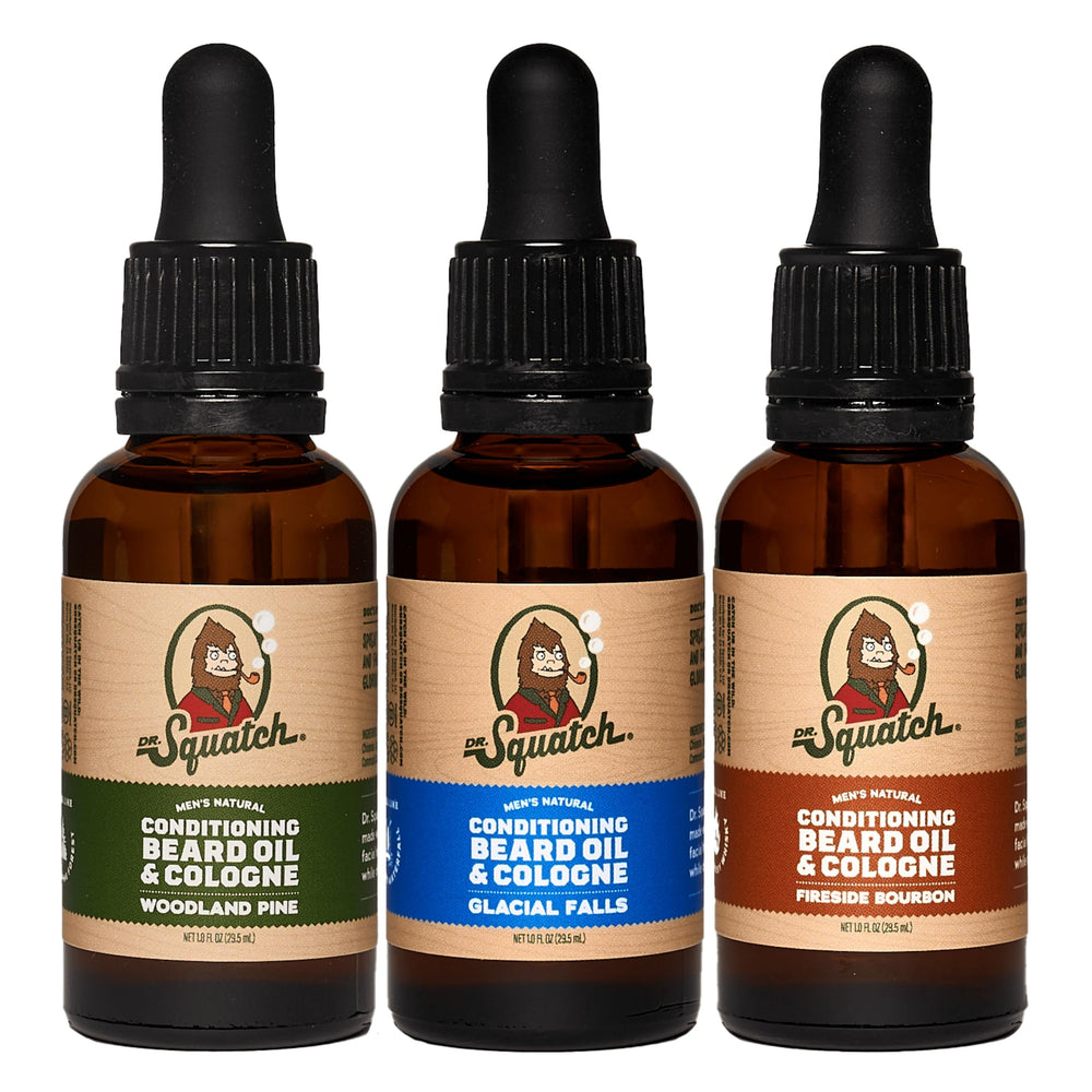 Dr. Squatch Conditioning Beard Oil Fireside Bourbon bottle shows long-lasting scent.