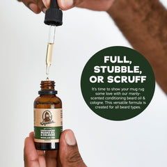 Dr. Squatch Conditioning Beard Oil Woodland Pine bottle offers fresh rugged aroma.