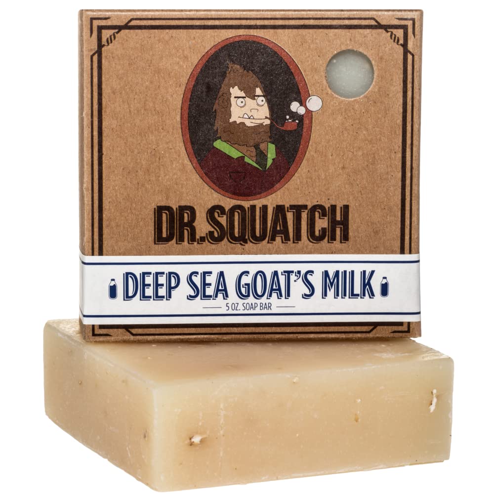 Dr. Squatch Deep Sea Goat's Milk bar soap image shows medium grit exfoliation for smoother skin.