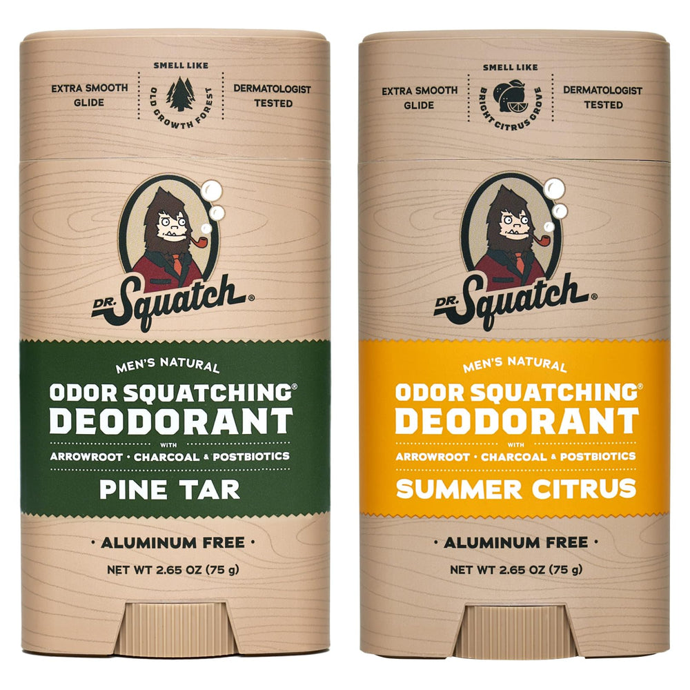 Dr. Squatch Pine Tar deodorant bottle for all-day odor protection.