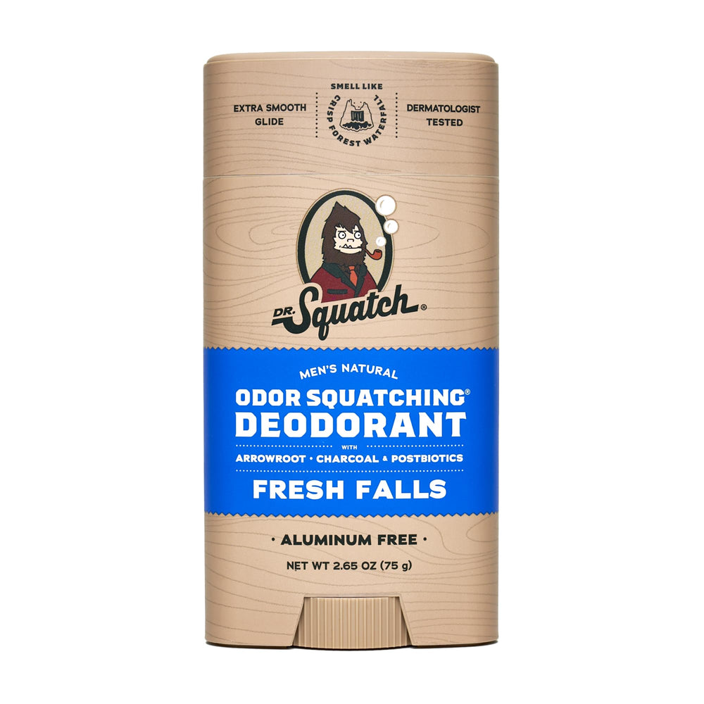 Dr. Squatch Fresh Falls deodorant bottle front shows aluminum-free scent for daily freshness.