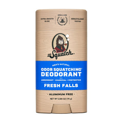 Dr. Squatch Fresh Falls deodorant bottle front shows aluminum-free scent for daily freshness.