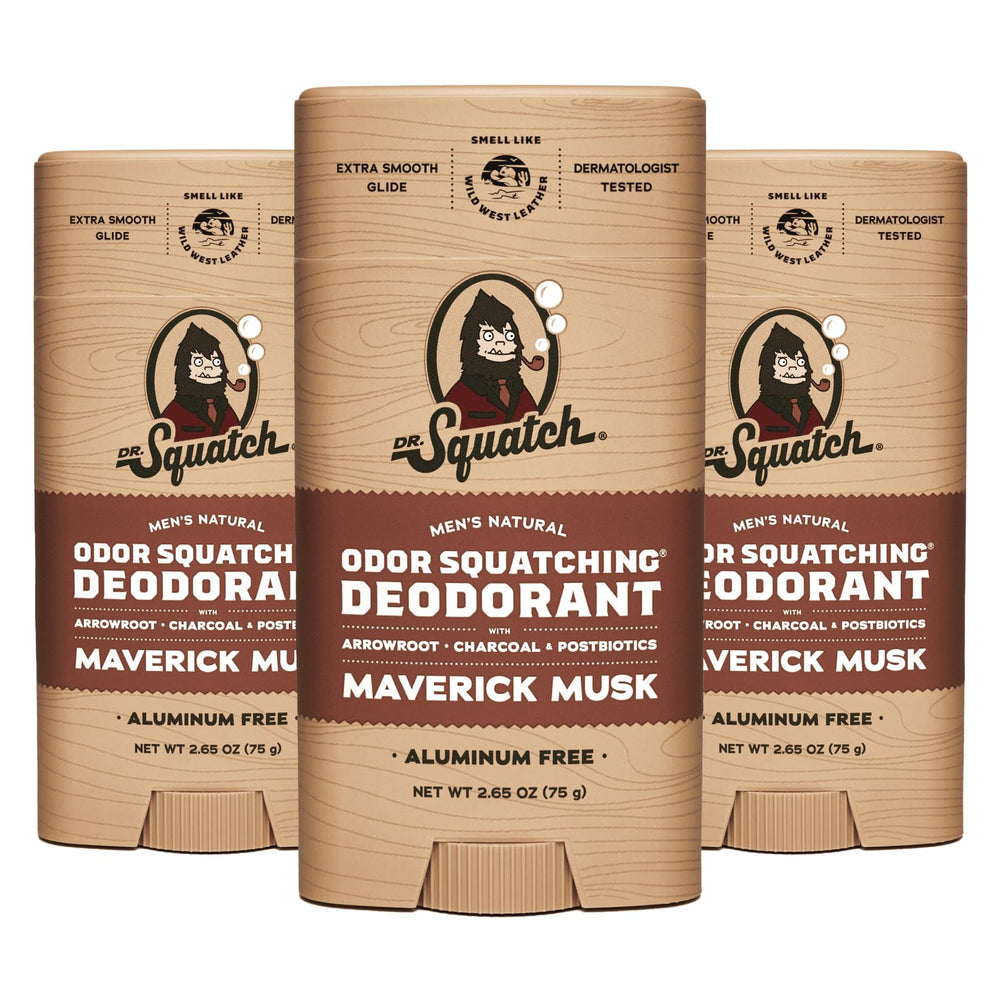 Dr. Squatch Maverick Musk deodorant 3-pack tubes provide all-day odor protection.
