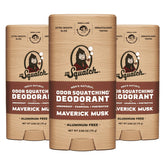 Dr. Squatch Maverick Musk deodorant 3-pack tubes provide all-day odor protection.