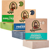 Dr. Squatch Coconut Castaway soap bar ready for a refreshing morning cleanse.