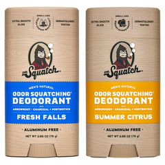 Dr. Squatch natural deodorant 2-pack with Fresh Falls and Summer Citrus scent for all-day freshness.