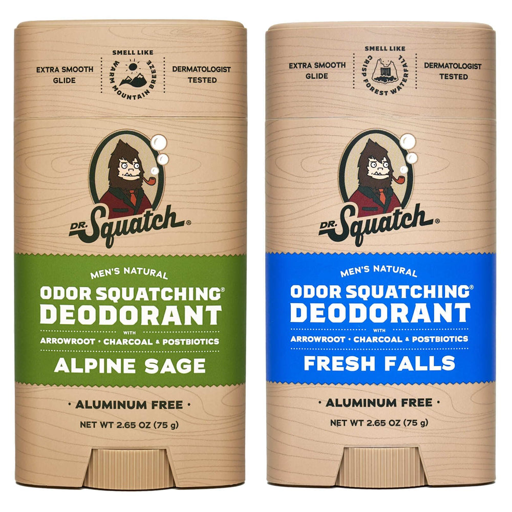 Dr. Squatch Alpine Sage deodorant tube close-up showing packaging and long-lasting freshness