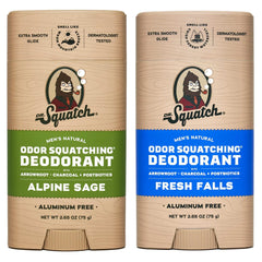 Dr. Squatch Alpine Sage deodorant tube close-up showing packaging and long-lasting freshness