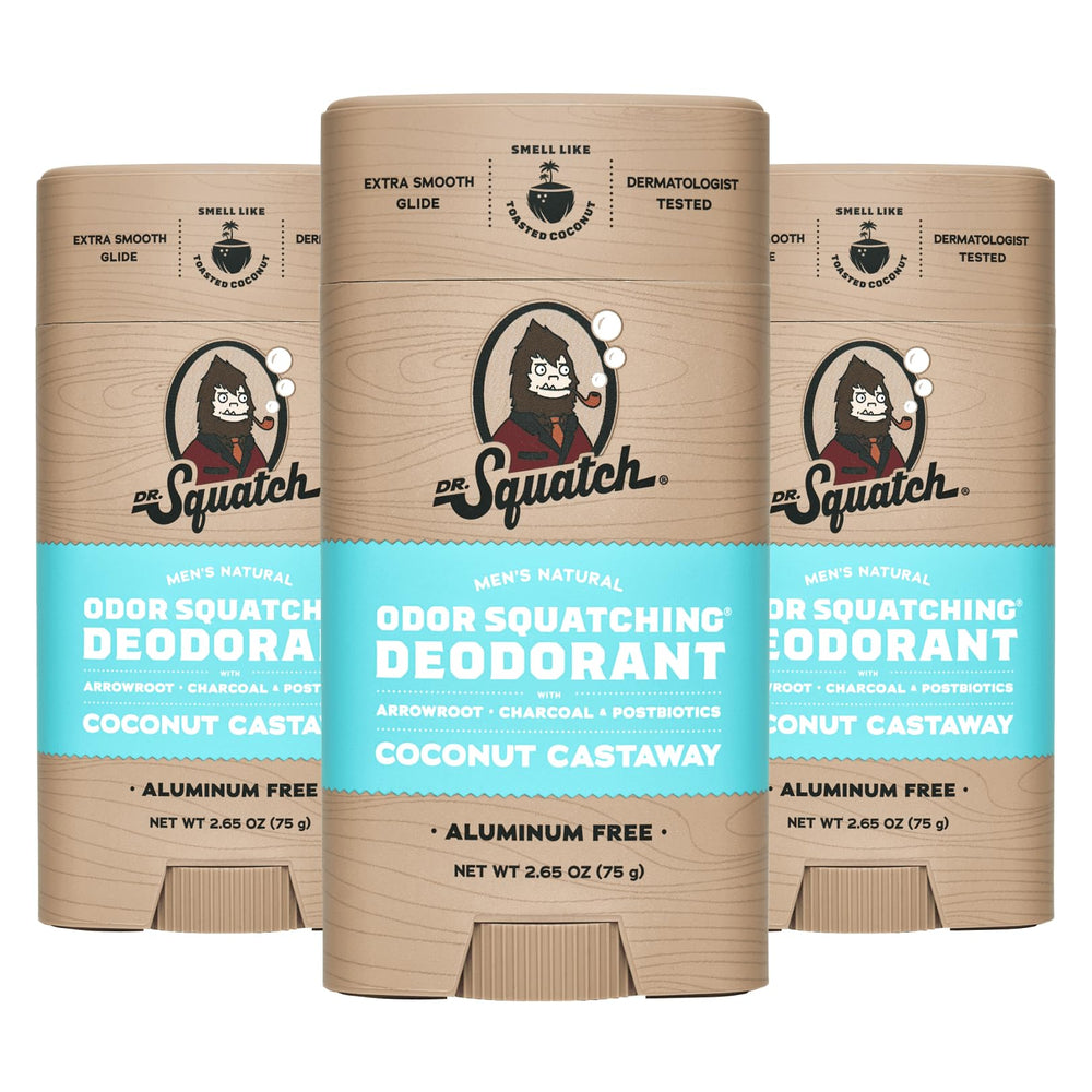 Dr. Squatch Coconut Castaway deodorant applied for all-day freshness after a shower