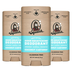 Dr. Squatch Coconut Castaway deodorant applied for all-day freshness after a shower