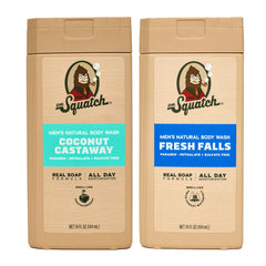 Dr. Squatch Fresh Falls body wash bottle with long-lasting fragrance.