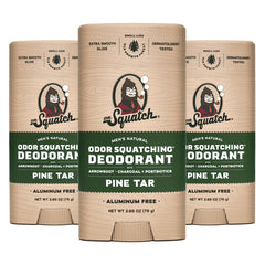Dr Squatch Pine Tar deodorant 3-pack provides aluminum-free protection for daily use